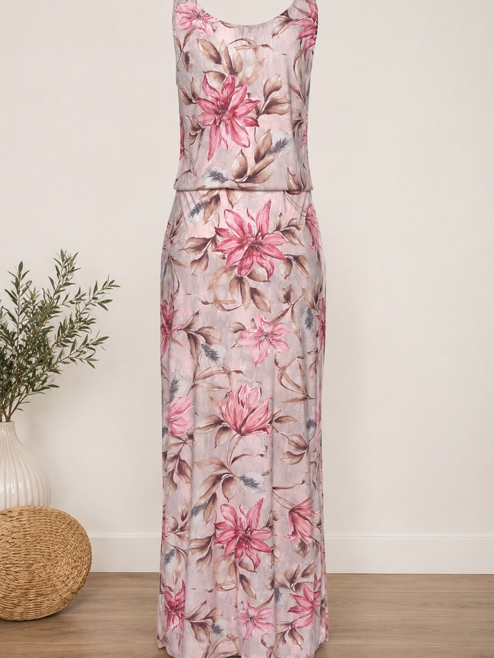 LASCANA Floral Maxi Dress Pink Beige Sleeveless Stretch Vacation Dress NWT‎